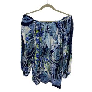 Desigual Off Shoulder Top Size XL Sheila Blue Mediterranean Pattern Long Sleeves